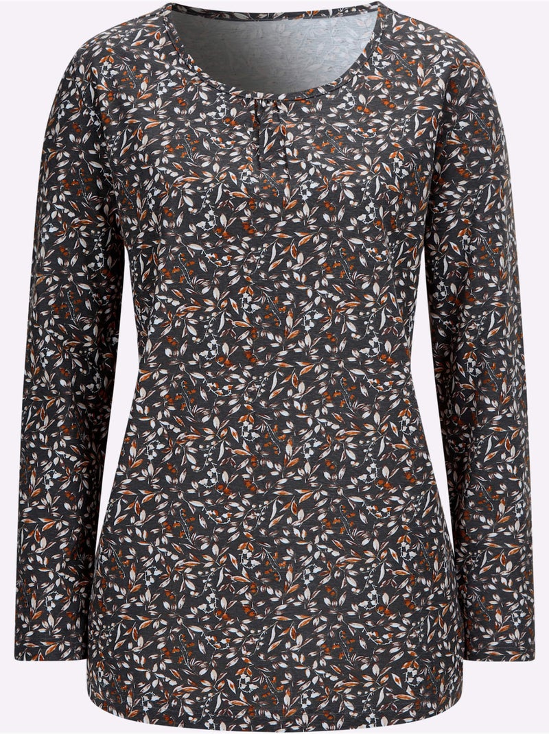 T-shirt à manches longues avec imprimé floral et encolure froncée - taille standard - moda vilona Noir Rouge - Kiabi