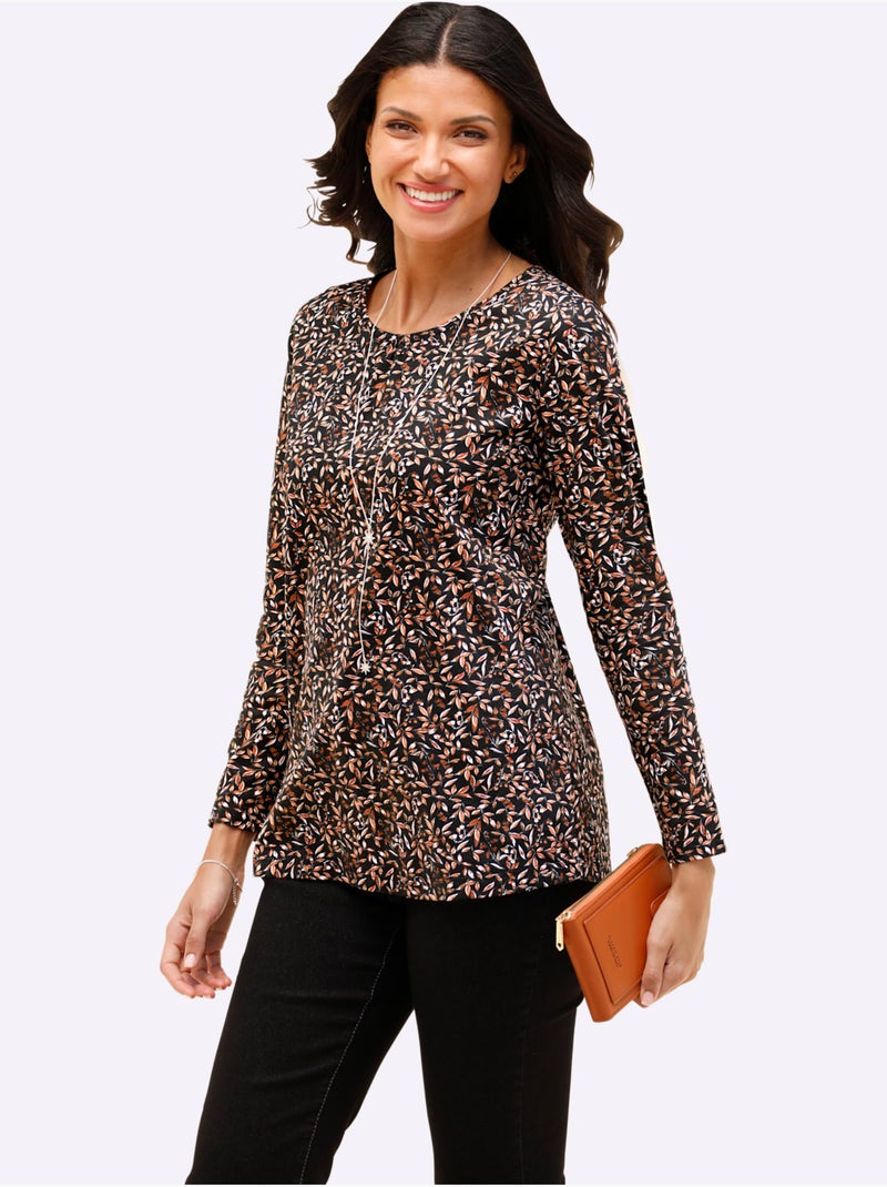 T-shirt à manches longues avec imprimé floral et encolure froncée - taille standard - moda vilona Noir Rouge - Kiabi