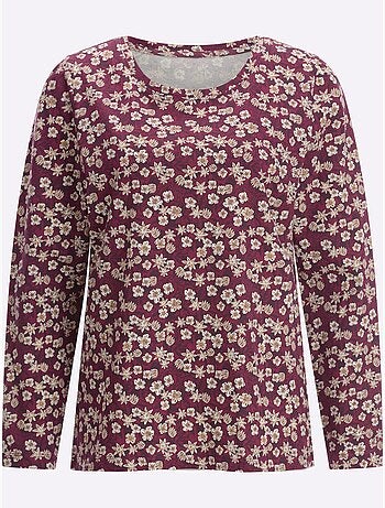 T-shirt à manches longues avec imprimé floral et encolure ronde - Taille standard - Moda Vilona