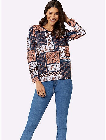 T-shirt à manches longues avec col rond et imprimé patchwork - Taille standard - Moda Vilona