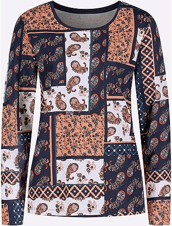 T-shirt à manches longues avec col rond et imprimé patchwork - Taille standard - Moda Vilona