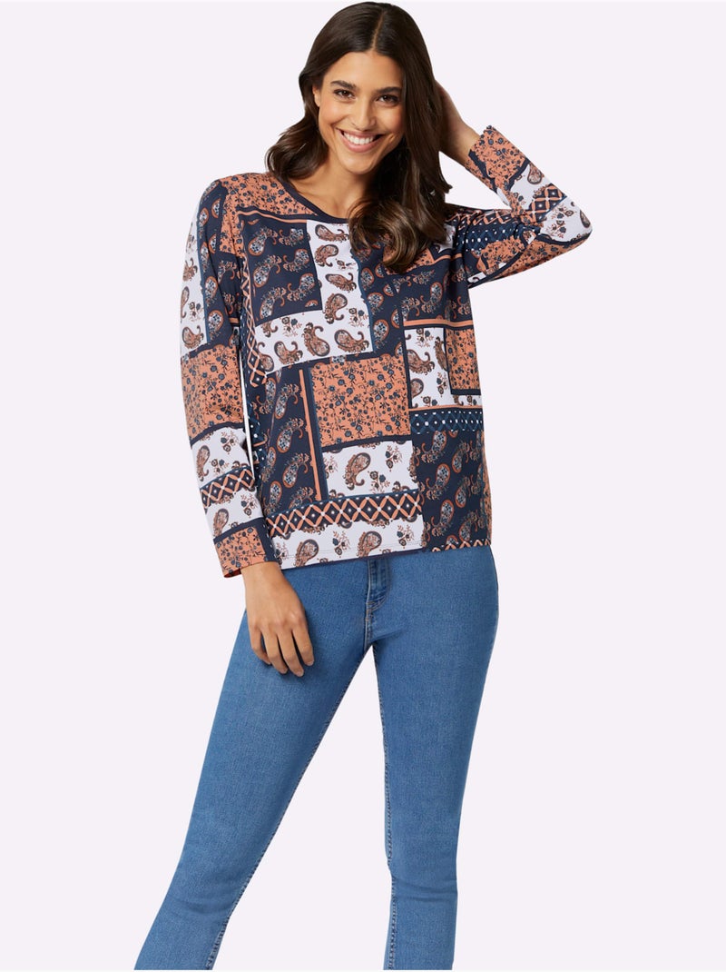 T-shirt à manches longues avec imprimé patchwork en coton - Taille standard - Moda Vilona Bleu Orange - Kiabi