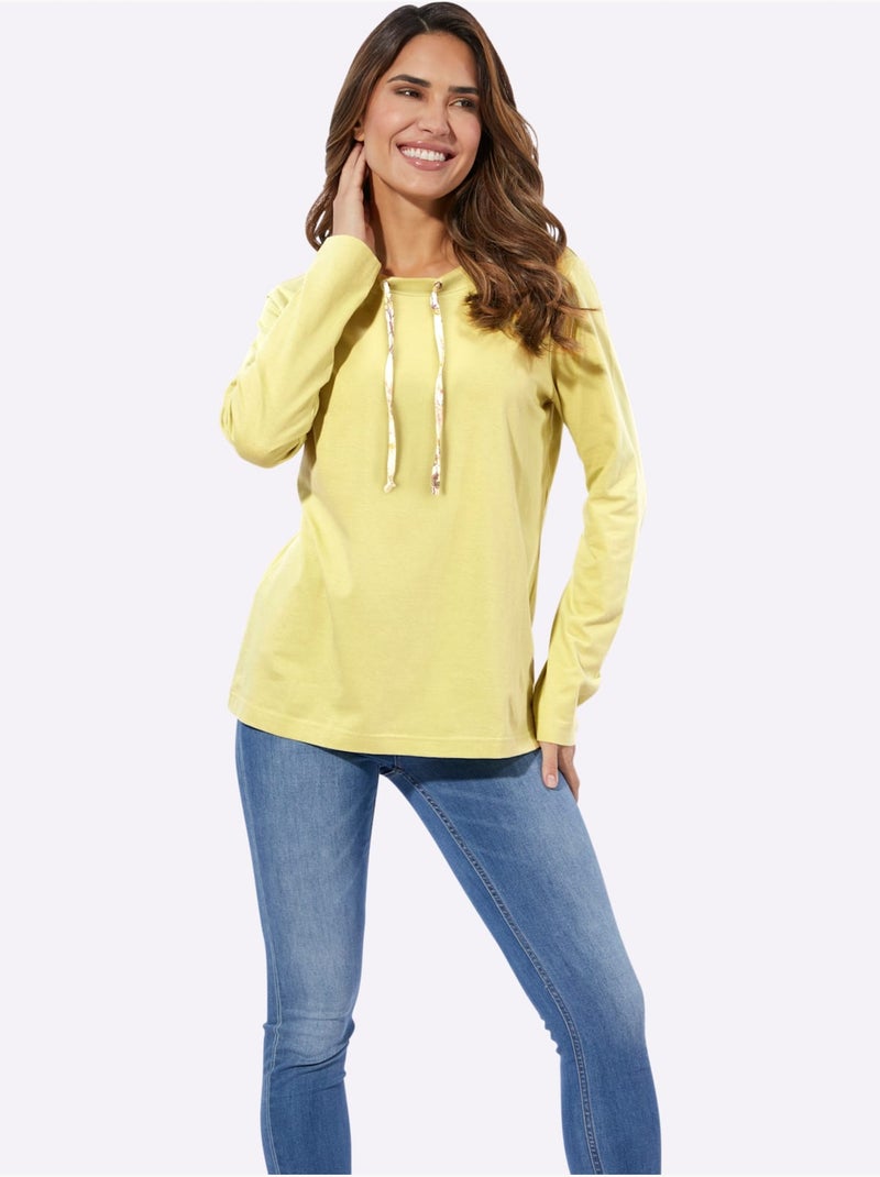 T-shirt à manches longues avec lien à nouer et motif floral - taille standard - moda vilona Jaune citron - Kiabi