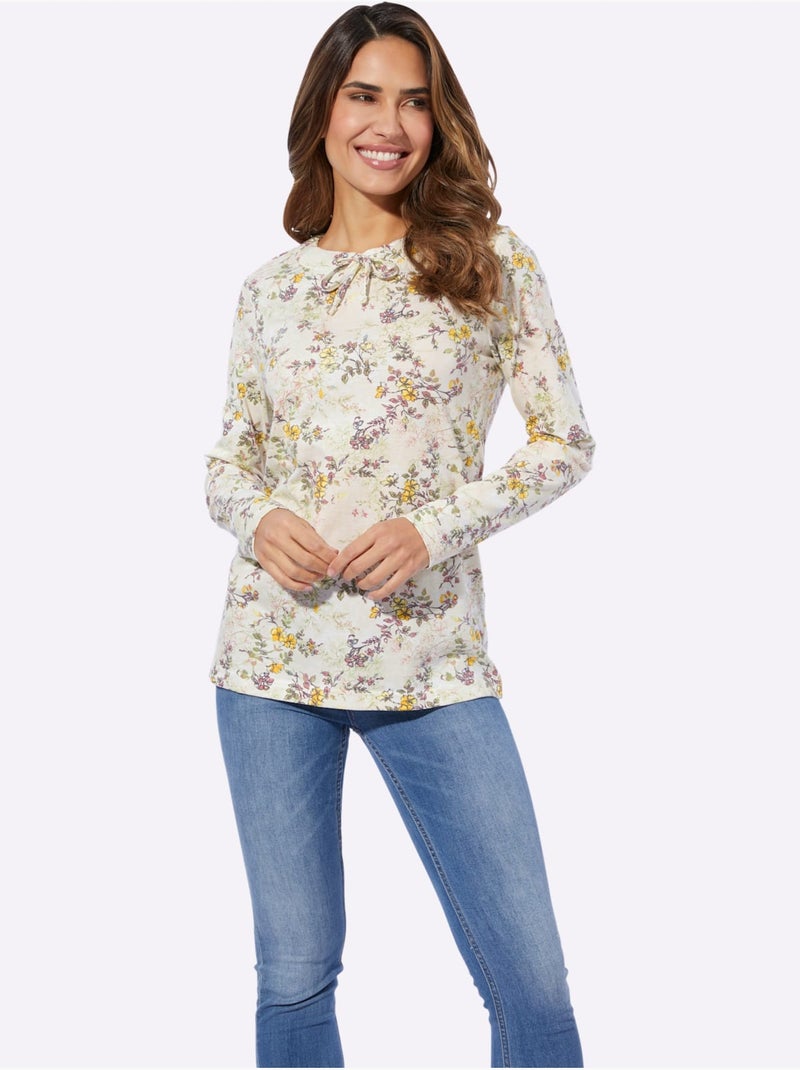 T-shirt à manches longues avec lien à nouer et motifs fleuris - taille standard - moda vilona Ivoire - Kiabi