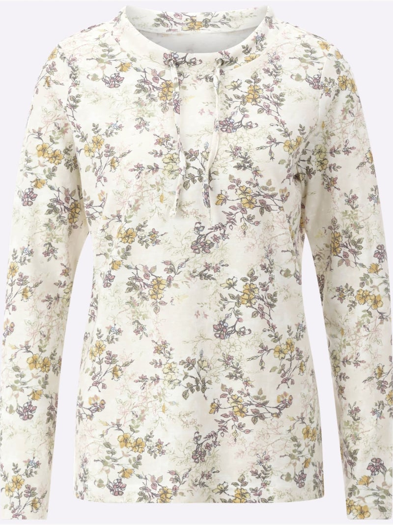 T-shirt à manches longues avec lien à nouer et motifs fleuris - taille standard - moda vilona Ivoire - Kiabi