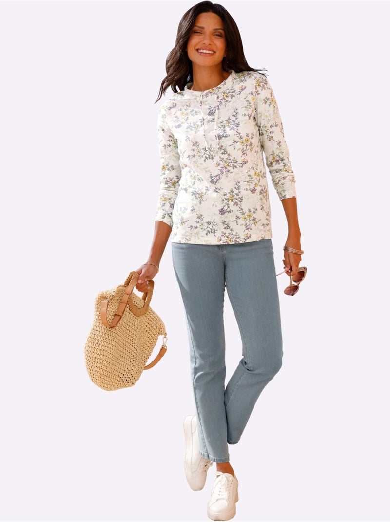 T-shirt à manches longues avec lien à nouer et motifs fleuris - taille standard - moda vilona Ivoire - Kiabi