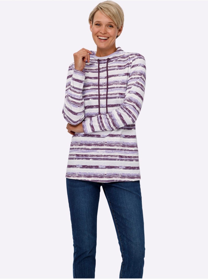 T-shirt à manches longues avec lien à nouer et rayures - taille standard - moda vilona Violet figue - Kiabi