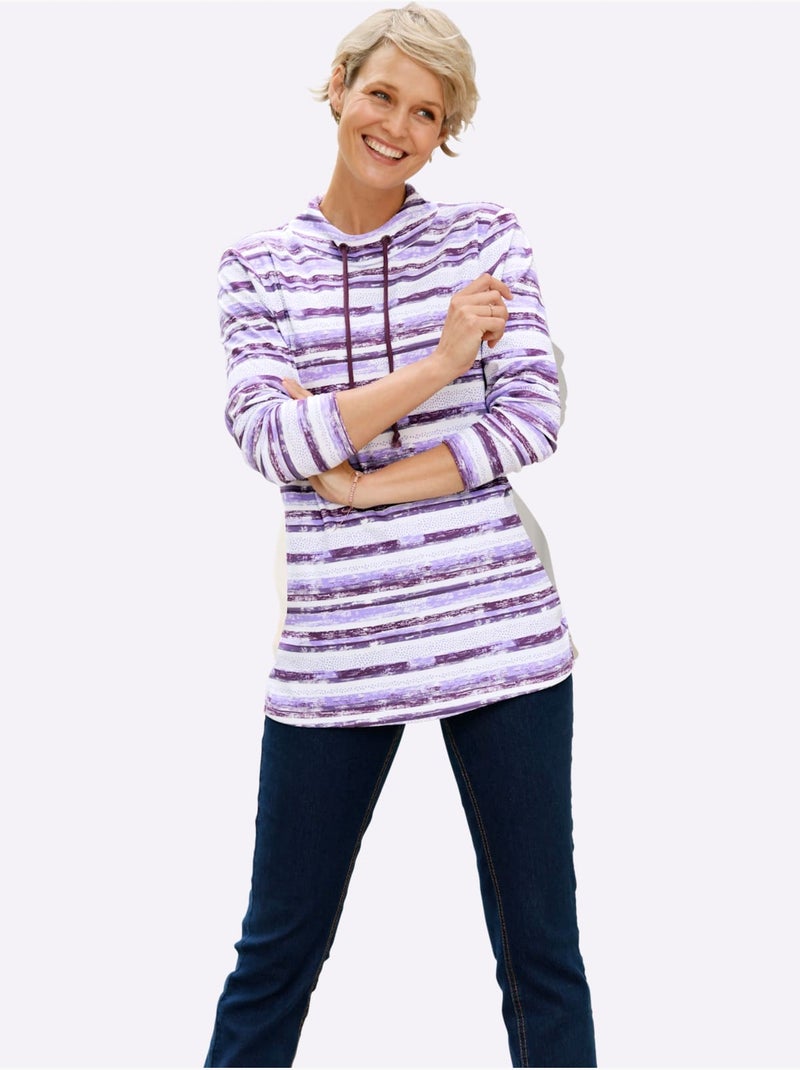 T-shirt à manches longues avec lien à nouer et rayures - taille standard - moda vilona Violet figue - Kiabi