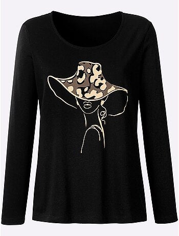T-shirt à manches longues avec motif imprimé devant et col rond - Taille standard - Moda Vilona