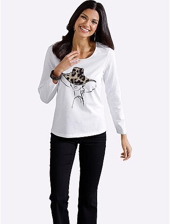 T-shirt à manches longues avec motif imprimé devant et col rond - Taille standard - Moda Vilona