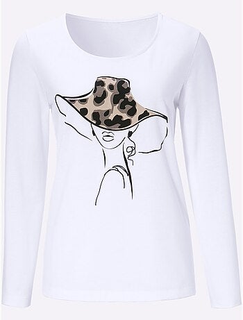 T-shirt à manches longues avec motif imprimé devant et col rond - Taille standard - Moda Vilona
