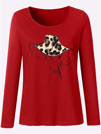 T-shirt à manches longues avec motif imprimé devant et col rond - Taille standard - Moda Vilona
