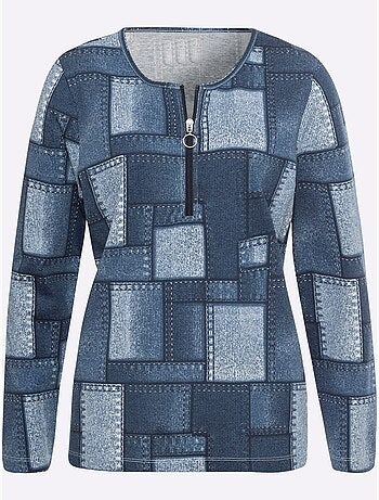 T-shirt à manches longues avec motif patchwork et glissière - taille standard - moda vilona
