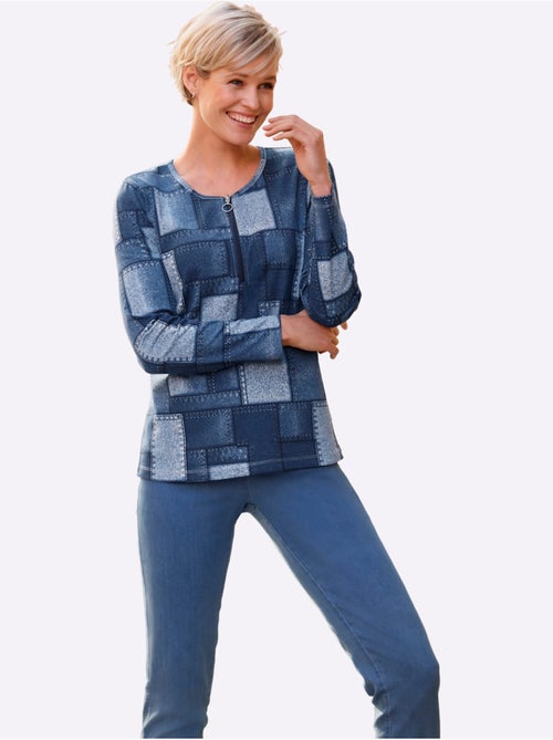 T-shirt à manches longues avec motif patchwork et glissière - taille standard - moda vilona - Kiabi