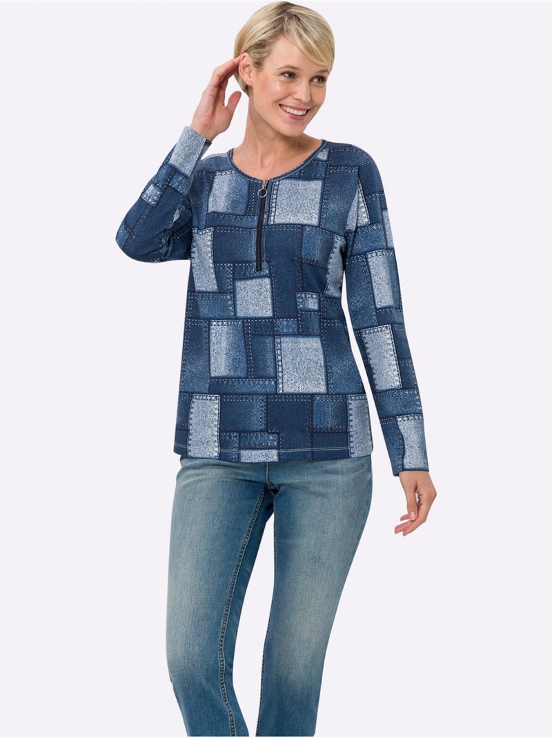 T-shirt à manches longues avec motif patchwork et glissière - taille standard - moda vilona Bleu Blanc - Kiabi