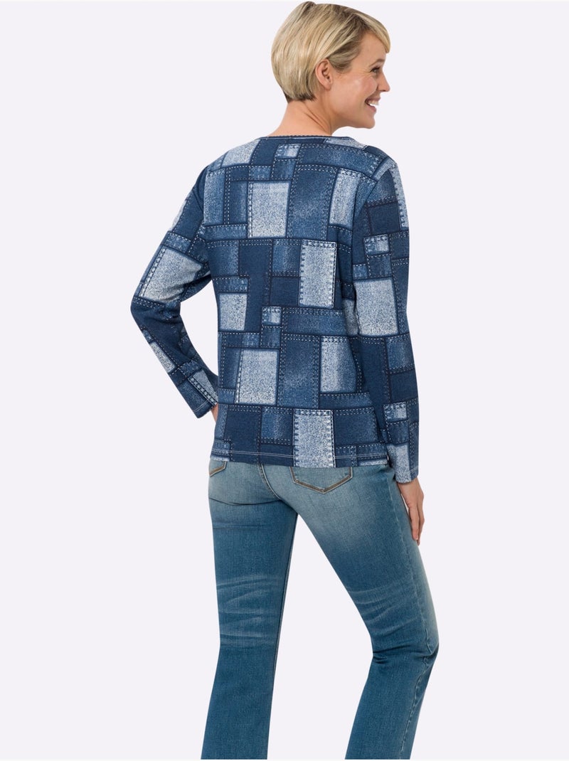 T-shirt à manches longues avec motif patchwork et glissière - taille standard - moda vilona Bleu Blanc - Kiabi