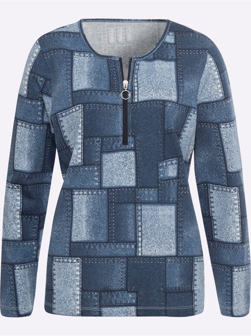 T-shirt à manches longues avec motif patchwork et glissière - taille standard - moda vilona - Kiabi