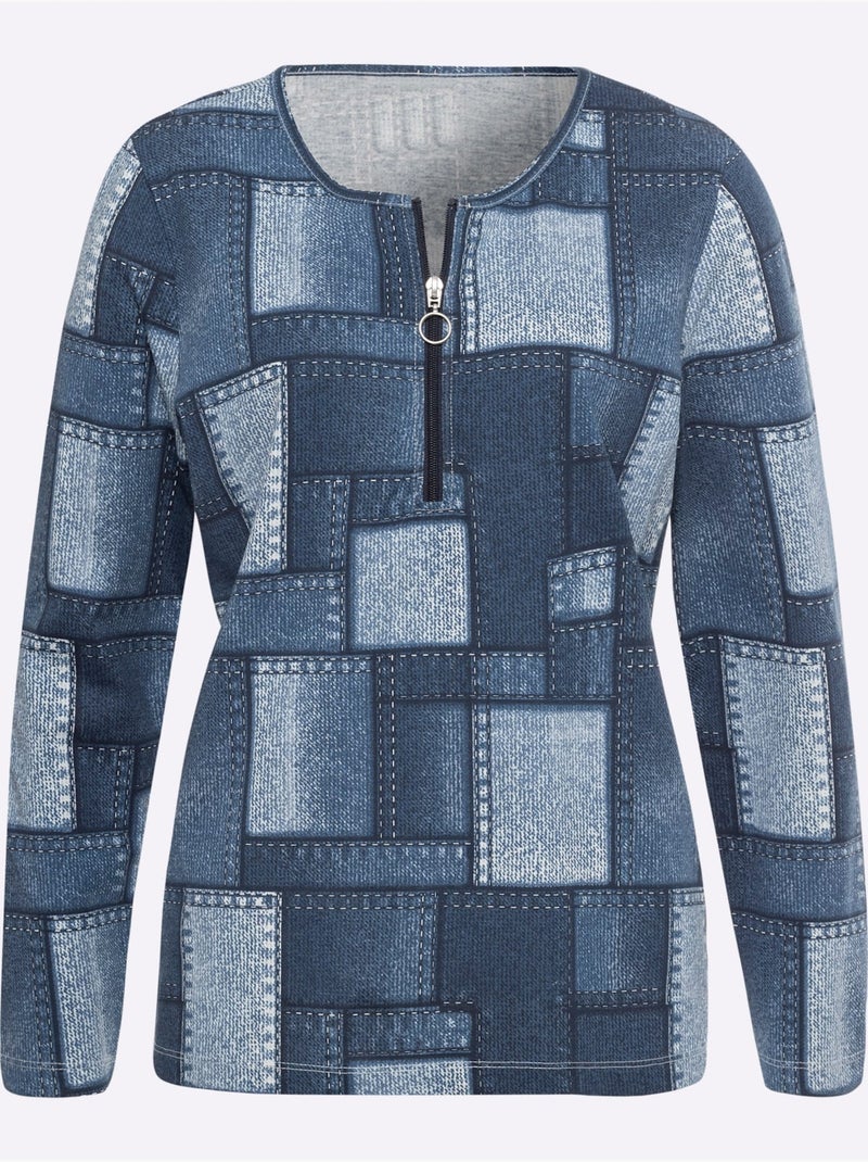 T-shirt à manches longues avec motif patchwork et glissière - taille standard - moda vilona Bleu Blanc - Kiabi