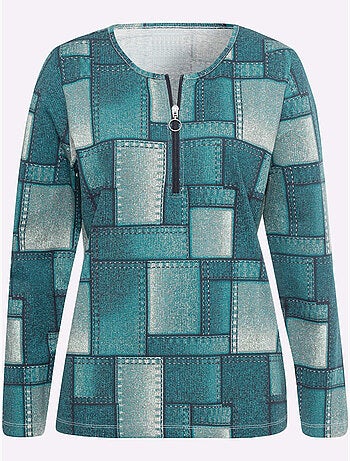T-shirt à manches longues avec motif patchwork et glissière - taille standard - moda vilona