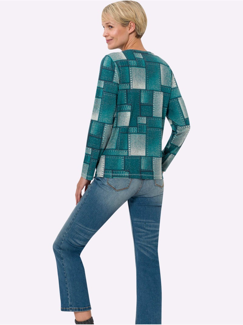 T-shirt à manches longues avec motif patchwork et glissière courte - taille standard - moda vilona Bleu pétrole - Kiabi