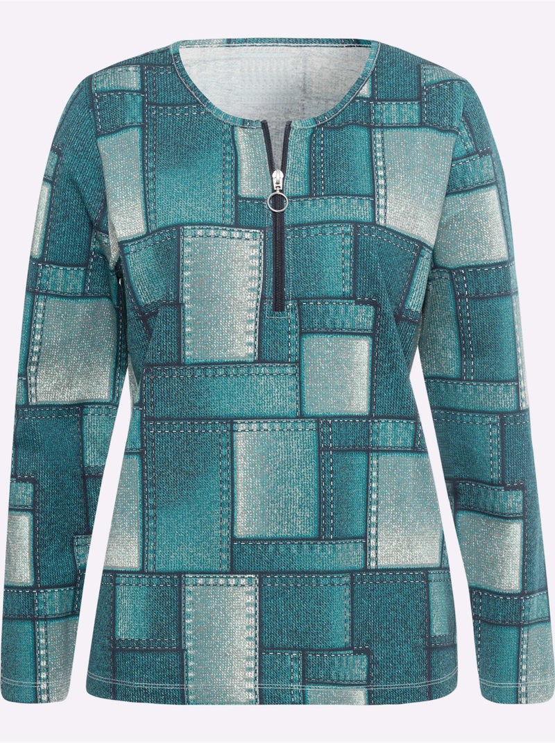 T-shirt à manches longues avec motif patchwork et glissière courte - taille standard - moda vilona Bleu pétrole - Kiabi