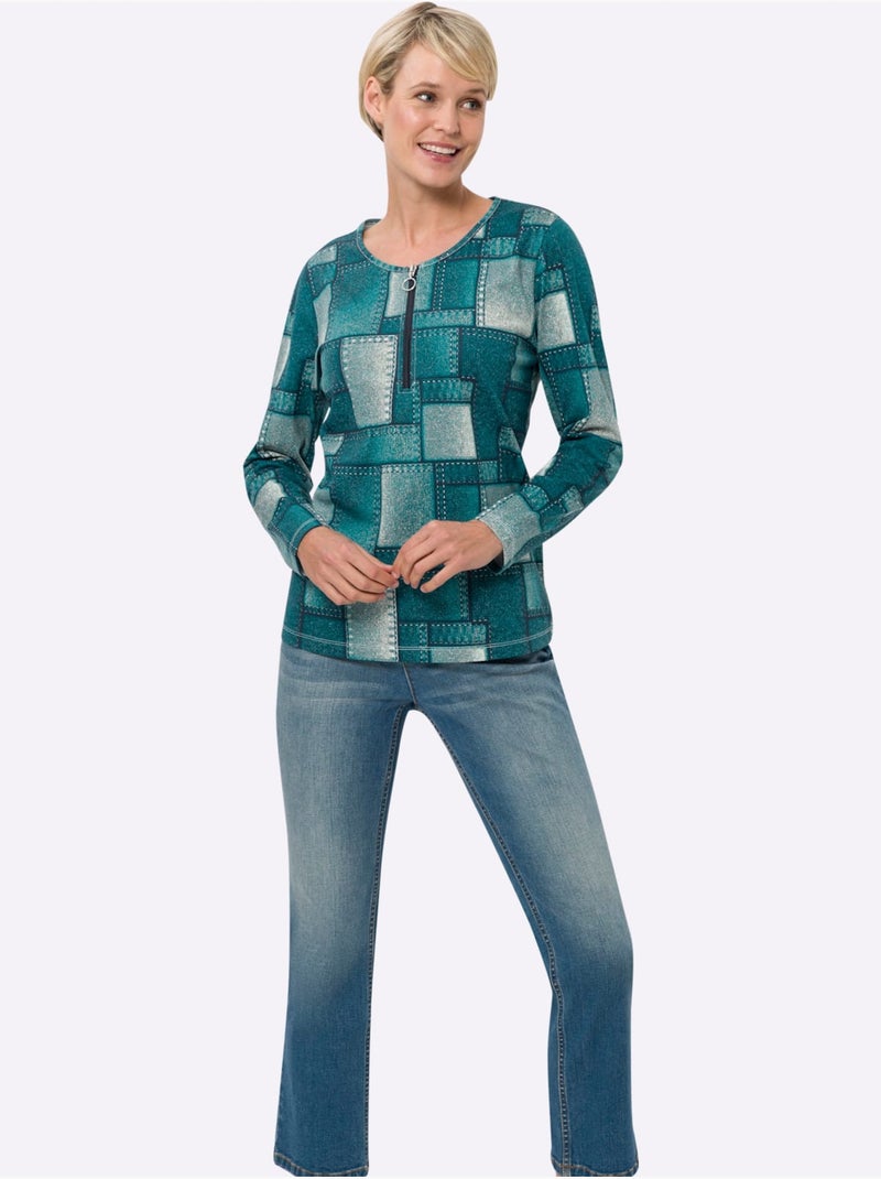 T-shirt à manches longues avec motif patchwork et glissière courte - taille standard - moda vilona Bleu pétrole - Kiabi