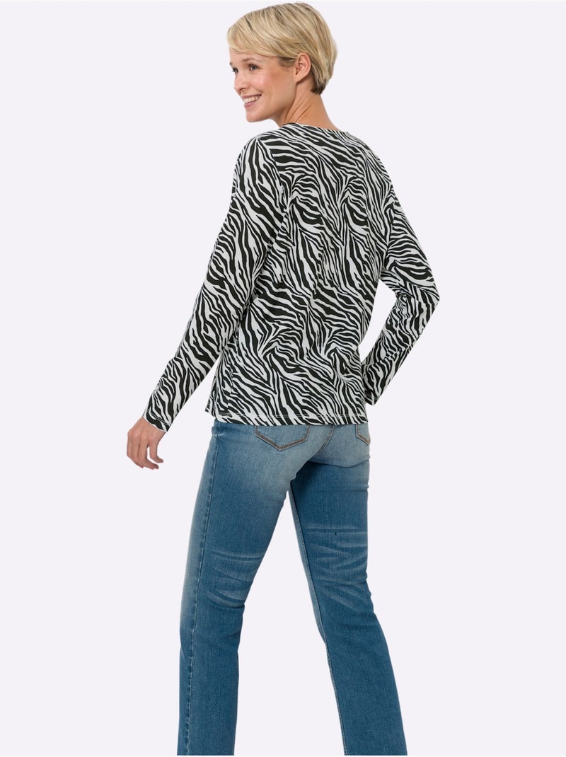 T-shirt à manches longues avec motif zèbre et coupe confortable - taille standard - moda vilona Noir Beige Noir - Kiabi
