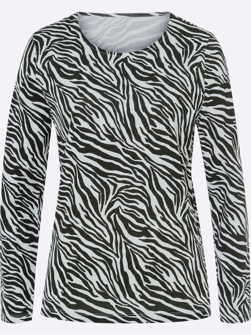 T-shirt à manches longues avec motif zèbre et coupe confortable - taille standard - moda vilona Noir Beige Noir - Kiabi