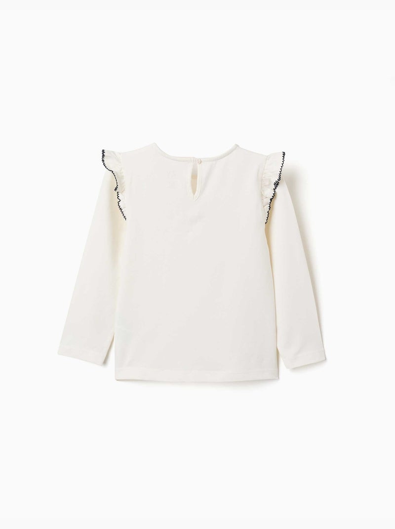 T-shirt à manches longues avec volants et broderie Blanc - Kiabi