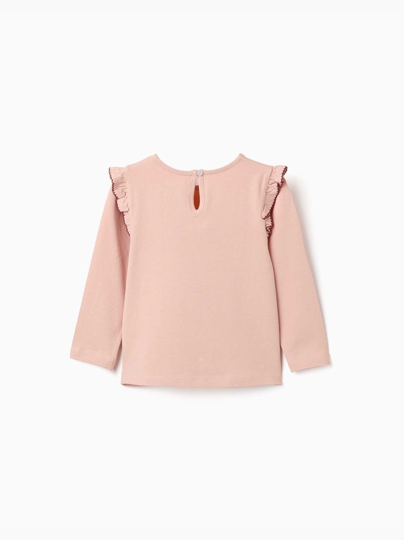 T-shirt à manches longues avec volants et broderie Rose clair - Kiabi