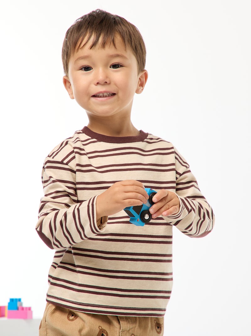 T-shirt à manches longues Beige/rouge - Kiabi