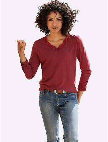 T-shirt à manches longues bordure en dentelle au col v. - taille standard - helline