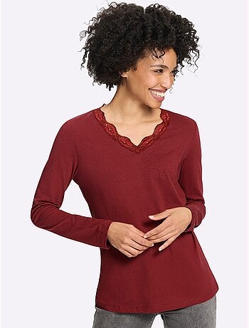 T-shirt à manches longues bordure en dentelle au col v. - taille standard - helline