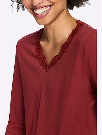 T-shirt à manches longues bordure en dentelle au col v. - taille standard - helline