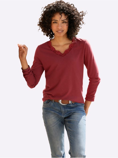 T-shirt à manches longues bordure en dentelle au col v. - taille standard - helline - Kiabi