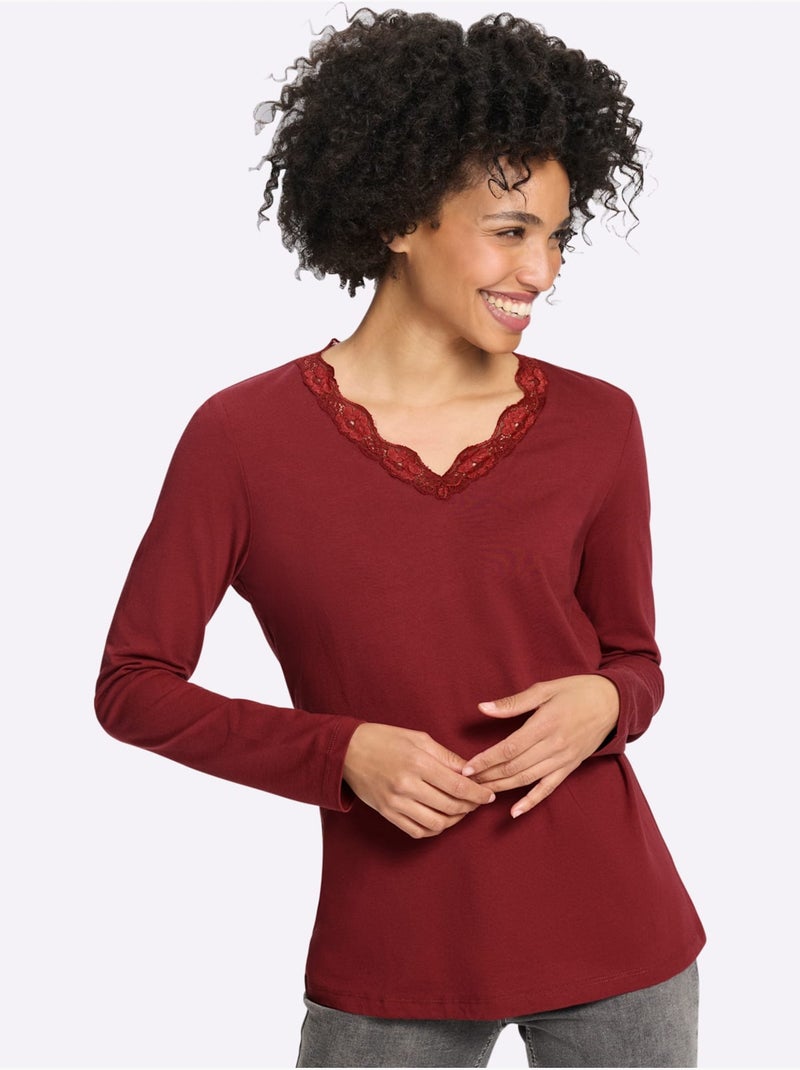 T-shirt à manches longues bordure en dentelle au col v. - taille standard - helline Rouge foncé - Kiabi