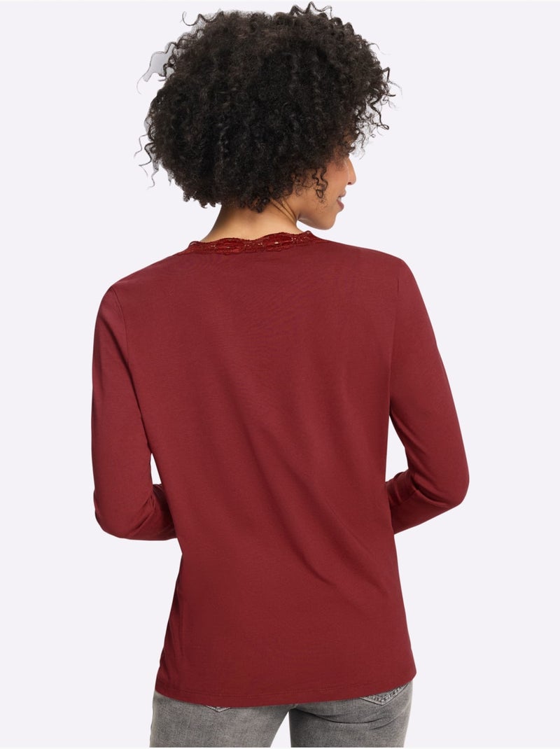 T-shirt à manches longues bordure en dentelle au col v. - taille standard - helline Rouge foncé - Kiabi