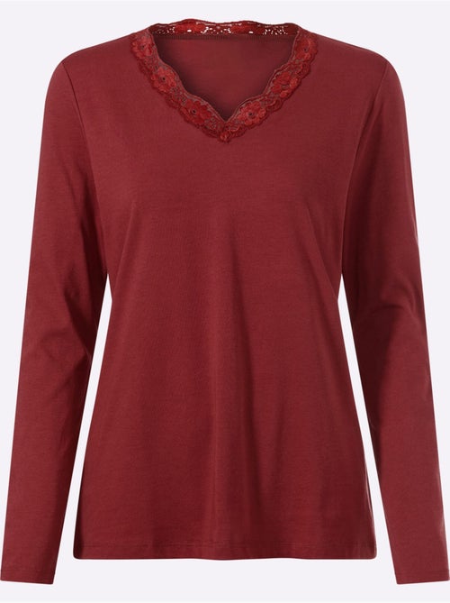 T-shirt à manches longues bordure en dentelle au col v. - taille standard - helline - Kiabi