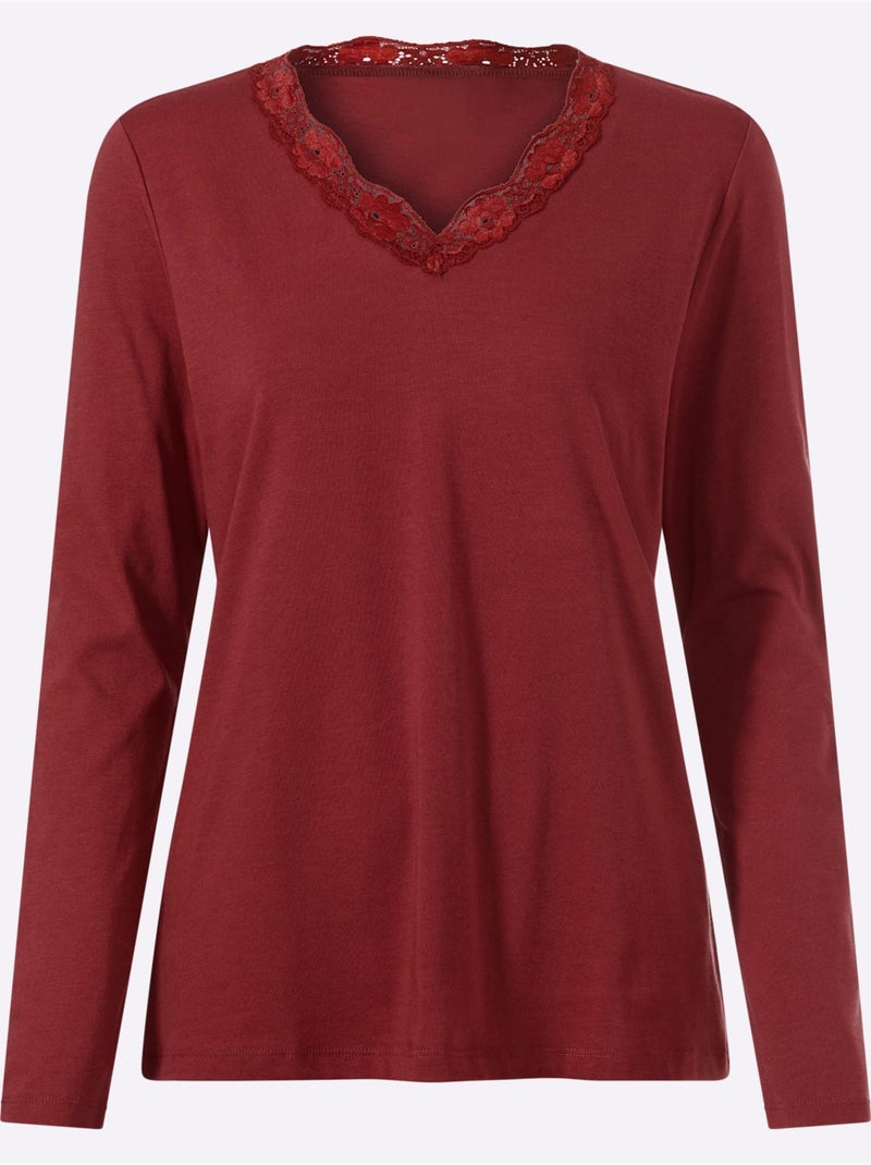 T-shirt à manches longues bordure en dentelle au col v. - taille standard - helline Rouge foncé - Kiabi