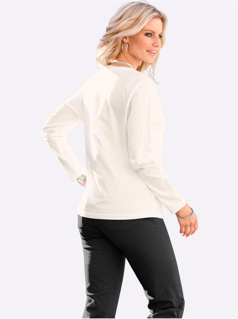 T-shirt à Manches Longues Boutons Décoratifs Aux Manches - Taille Standard - Moda Vilona Blanc cassé - Kiabi