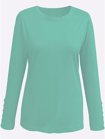 T-shirt col rond à manches longues avec boutons décoratifs - Taille standard - Moda Vilona