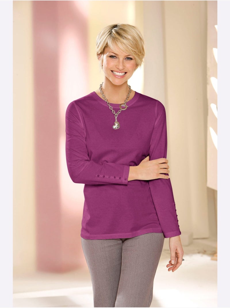 T-shirt à Manches Longues Boutons Décoratifs Aux Manches - Taille Standard - Moda Vilona Rose fushia - Kiabi