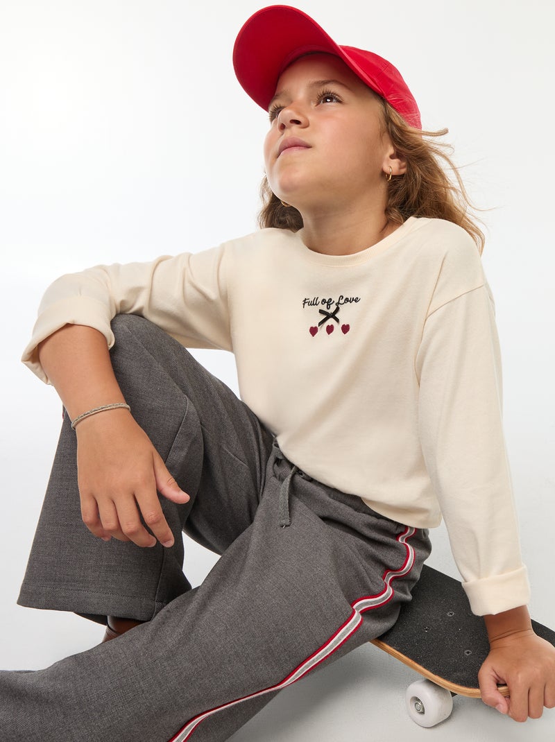 T-shirt à manches longues brodé Beige - Kiabi