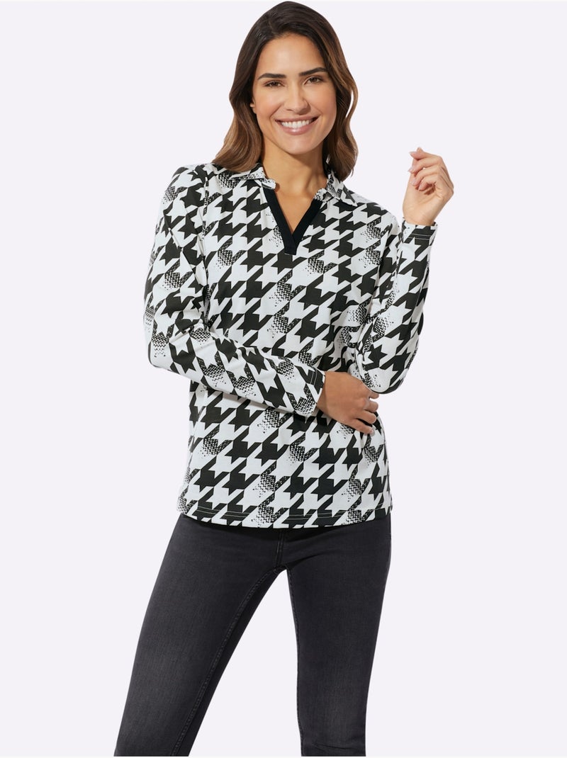 T-shirt à Manches Longues Col Chemise Ouvert - Taille Standard - Moda Vilona Noir Beige Noir - Kiabi