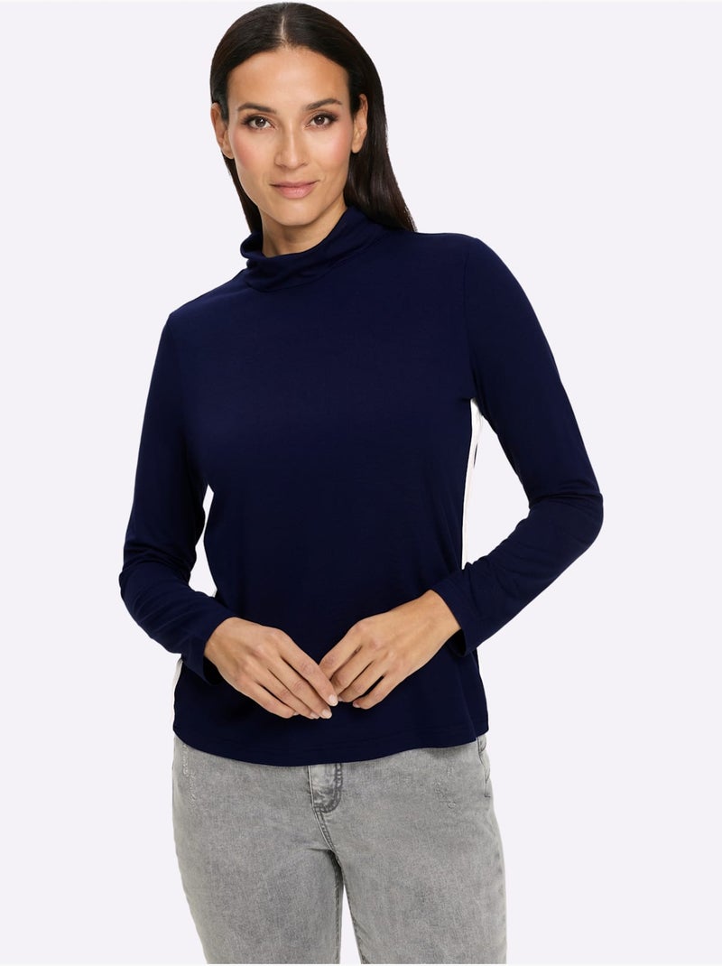 T-shirt à manches longues col roulé flatteur - taille standard - helline Ecru/Marine - Kiabi
