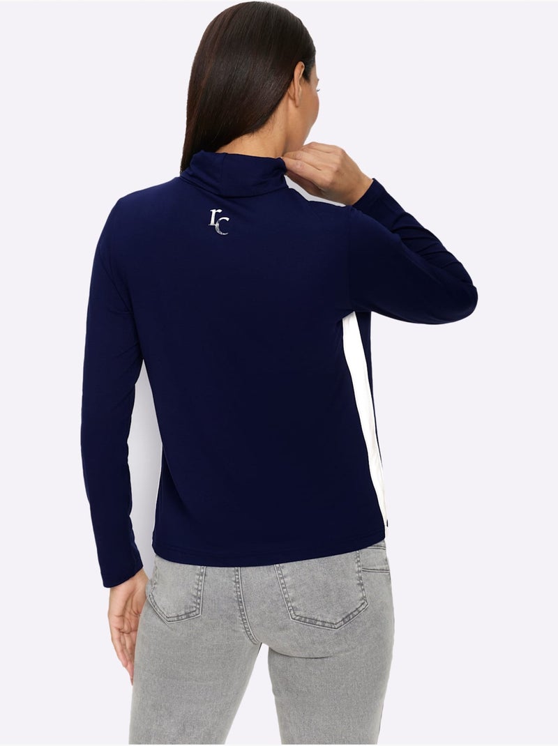 T-shirt à manches longues col roulé flatteur - taille standard - helline Ecru/Marine - Kiabi