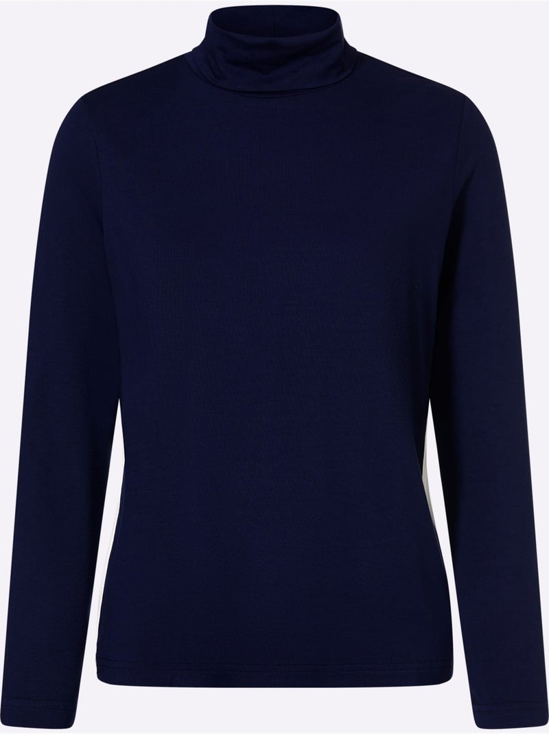 T-shirt à manches longues col roulé flatteur - taille standard - helline Ecru/Marine - Kiabi