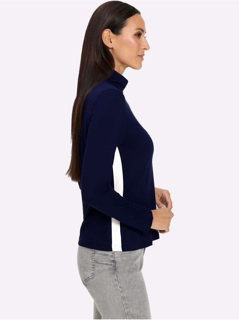 T-shirt à manches longues col roulé flatteur - taille standard - helline Ecru/Marine - Kiabi