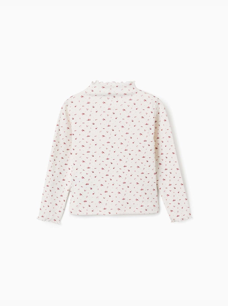 T-shirt à manches longues côtelé avec motif floral Blanc - Kiabi