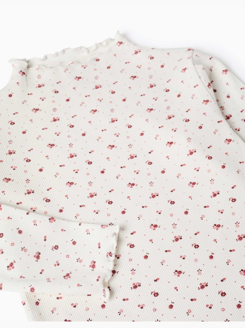 T-shirt à manches longues côtelé avec motif floral Blanc - Kiabi